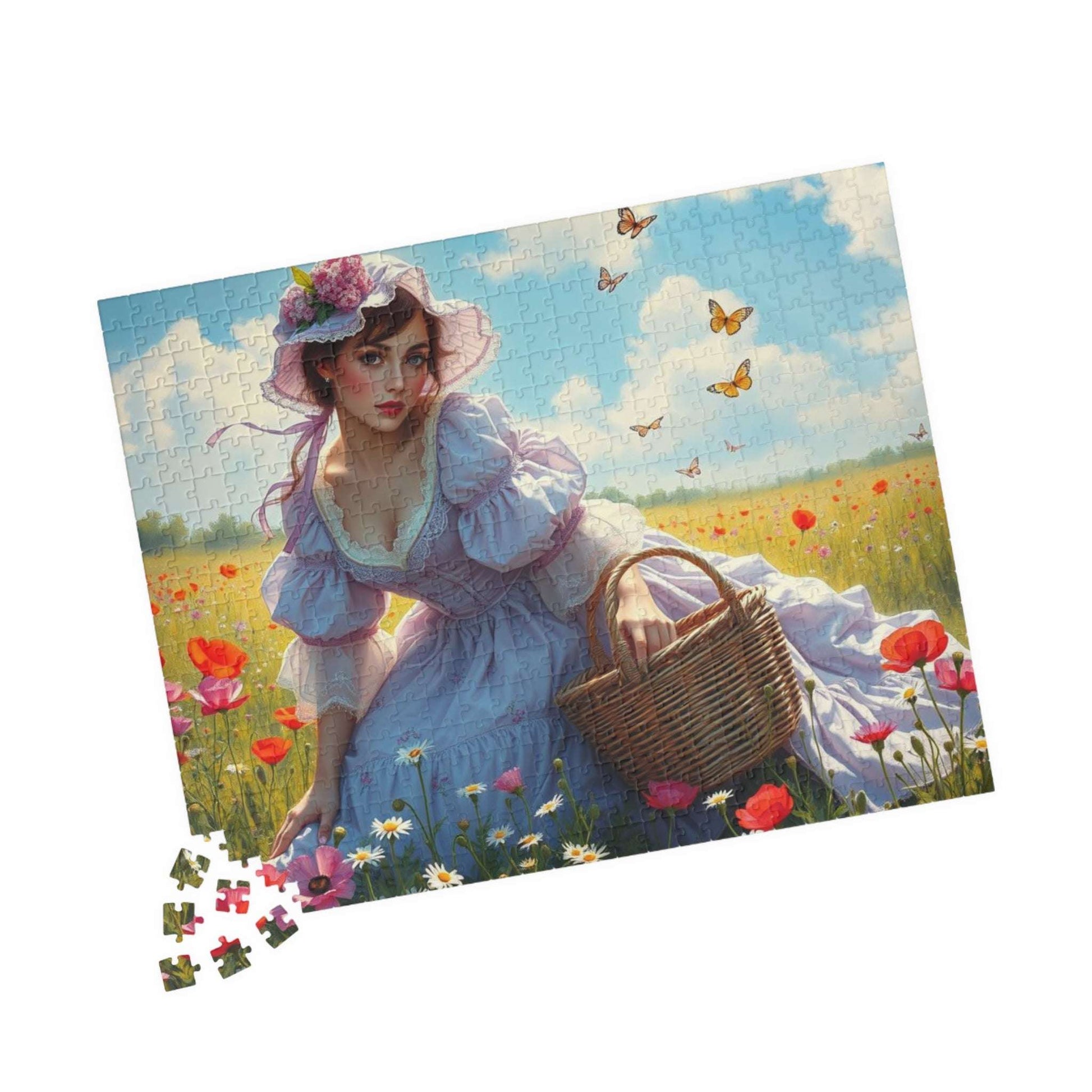 Victorian Elegance in Bloom - 19th-Century Woman in Wildflower Field Jigsaw Puzzle, Vintage-Inspired Scene 520 pcs (Horizontal) Puzzle The Puzzle Chest