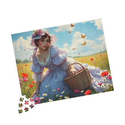 Victorian Elegance in Bloom - 19th-Century Woman in Wildflower Field Jigsaw Puzzle, Vintage-Inspired Scene 520 pcs (Horizontal) Puzzle The Puzzle Chest