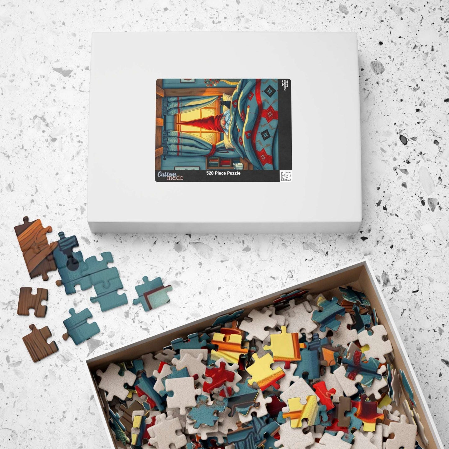 Scandinavian Folk Art Gnome Sleeping Jigsaw Puzzle – Nordic Bedroom Nighttime Scene Puzzle The Puzzle Chest
