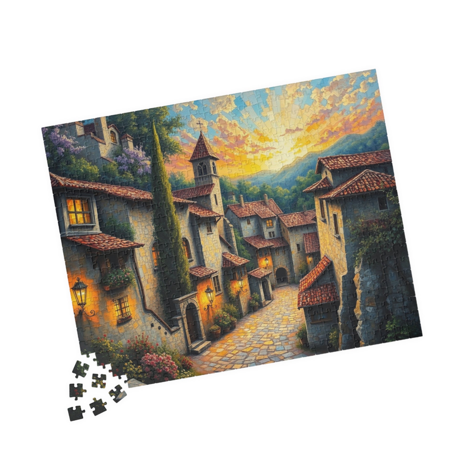 Charming Old-World Village Puzzle, Quaint European Medieval Town Jigsaw Game Mosaic Design, Family Game Night Bonding Activity, Mindful Gift The Puzzle Chest