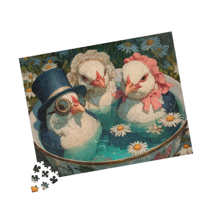 Whimsical Wildflower Field Tea Chicken Puzzle – Three Fancy Chickens in Giant Teacup Bath with Flowers, Fairy-Tale Farm Animal Jigsaw 520 pcs (Horizontal) Puzzle The Puzzle Chest