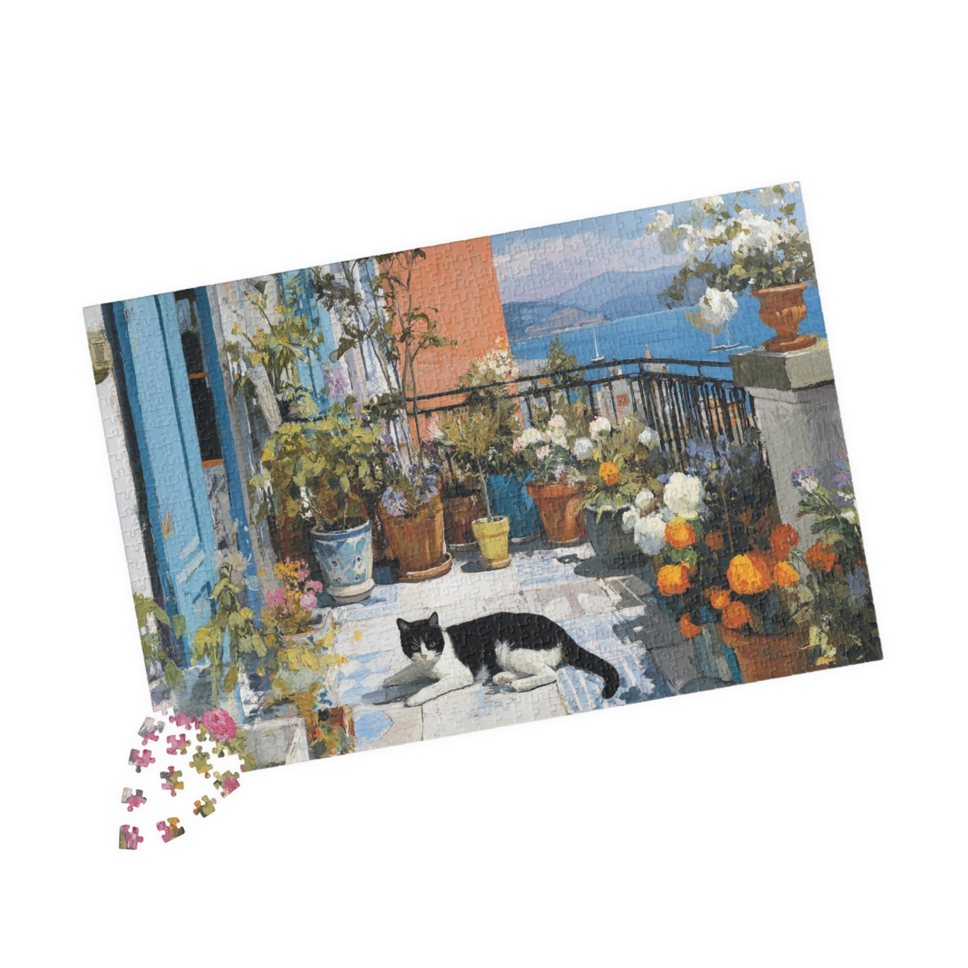 Cat on the Flower Balcony – Seaside Fauvist Jigsaw Puzzle, Animal Theme Kitten Puzzle 1014 pcs (Horizontal) Puzzle The Puzzle Chest