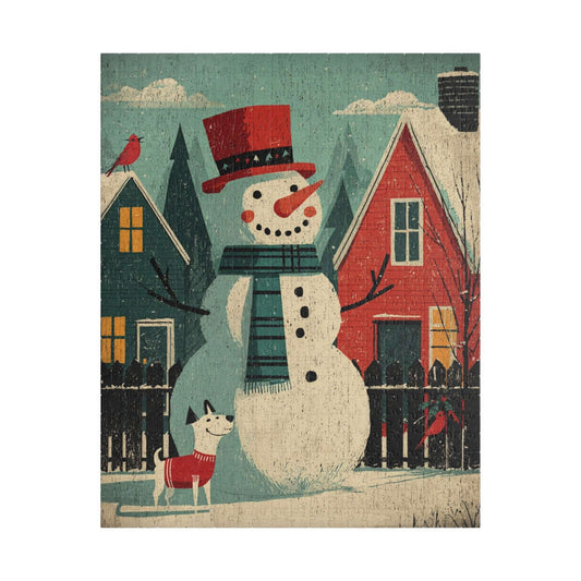 Retro Holiday Cheer Puzzle - Snowman and Dog, Winter Vintage Style Illustration, Ideal for Holiday Activity, Family Game, Festive Gifts Puzzle The Puzzle Chest