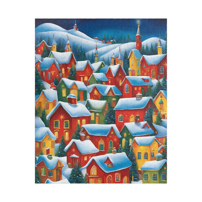 Colorful Winter Village Jigsaw Puzzle, 1000-Piece, Snow Capped Roofs, Red Green Blue Yellow, Charming Houses, Unique Art for Puzzle Lover