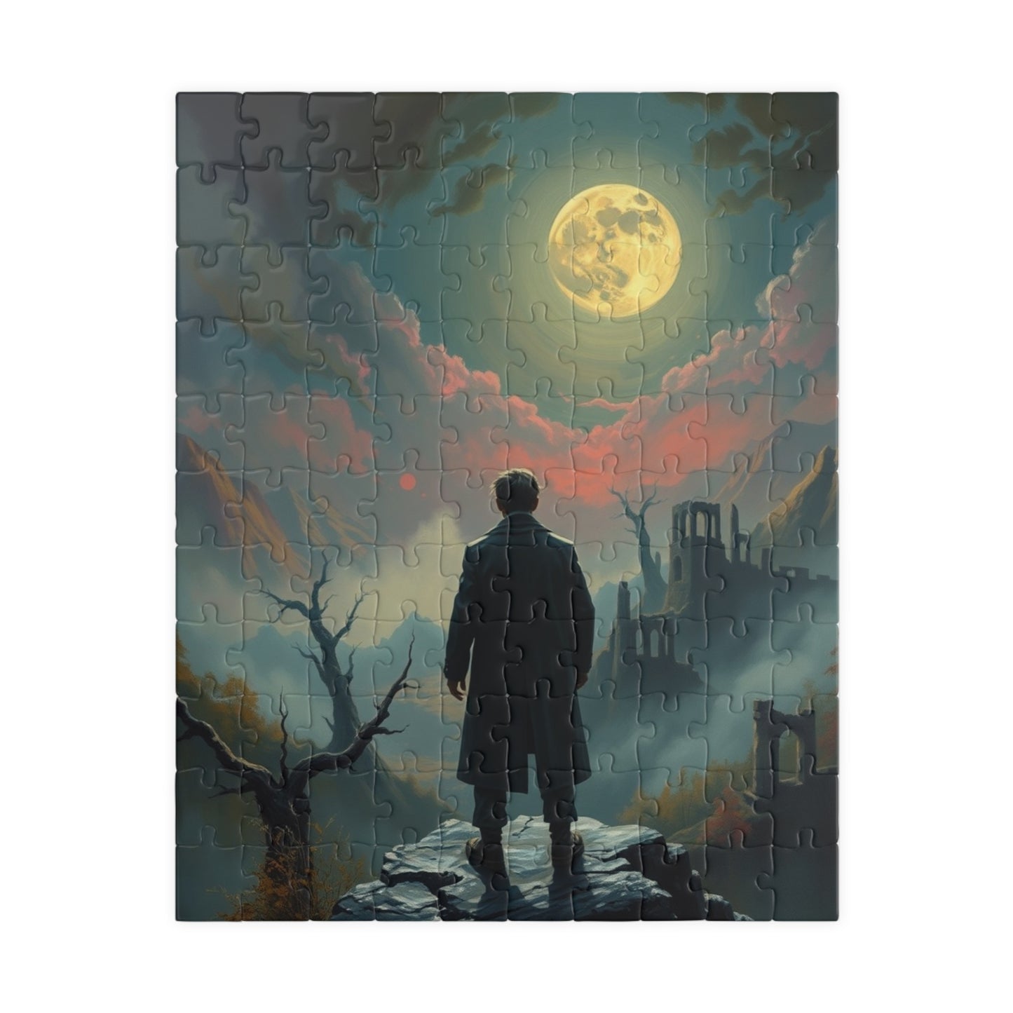 Mystical Moonlight Puzzle, Lone Traveler Overlooking Valley of Ruins, Gothic Art Jigsaw Game, Puzzle Lover Gift, Family Activity Solo Fun 110 pcs (Vertical) Puzzle The Puzzle Chest