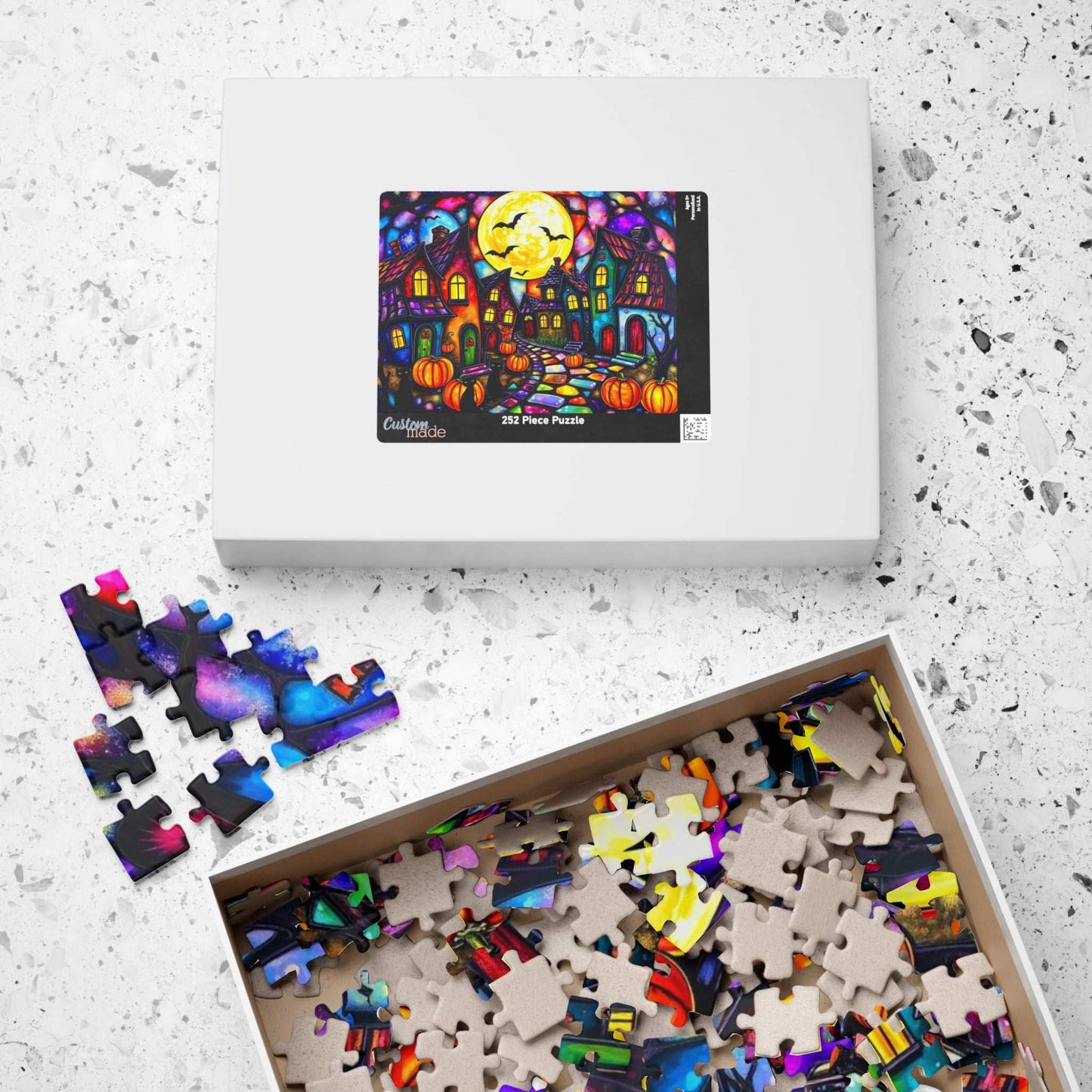 Spooky Night Village Jigsaw Puzzle, Halloween Themed Black Cat Puzzle Stained Glass Style