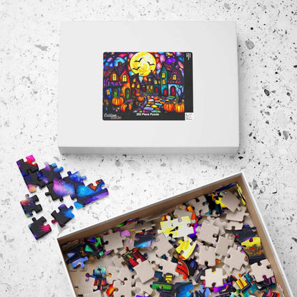 Spooky Night Village Jigsaw Puzzle, Halloween Themed Black Cat Puzzle Stained Glass Style
