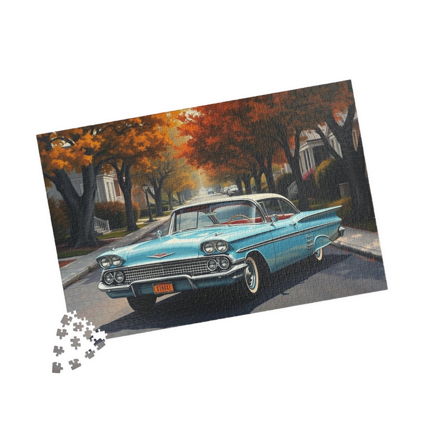 Vintage Car Jigsaw Puzzle, Classic 1958 Impala, Retro 1950s Flower-Lined Neighborhood Scene Puzzle The Puzzle Chest