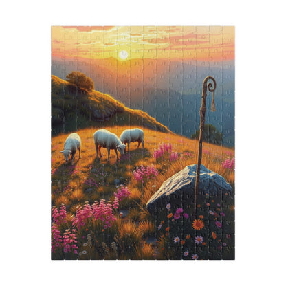 Peaceful Pastoral Sunset Puzzle, Religious Themed Jigsaw Game, Nature-Inspired Serene Landscape with Sheep Grazing on a Wildflower Hill 252 pcs (Vertical) Puzzle The Puzzle Chest