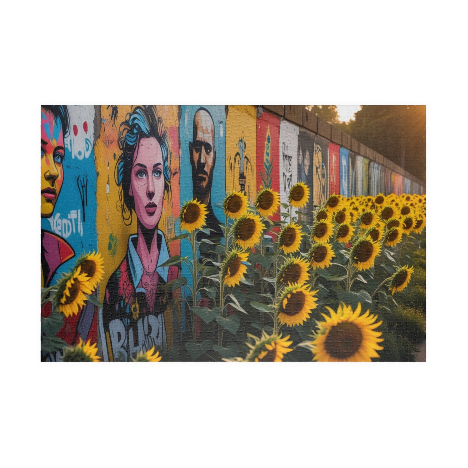 Historical Berlin Wall Jigsaw Puzzle, Vibrant Street Art and Blooming Sunflowers, Hopeful Theme Family Game Night Mindful Activity, Giftable 1014 pcs (Horizontal) Puzzle The Puzzle Chest