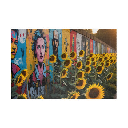 Historical Berlin Wall Jigsaw Puzzle, Vibrant Street Art and Blooming Sunflowers, Hopeful Theme Family Game Night Mindful Activity, Giftable 1014 pcs (Horizontal) Puzzle The Puzzle Chest