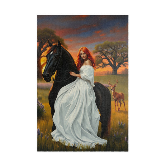 Puzzle, Woman with Vibrant Red Hair and White Flowing Dress Rides a Black Stallion, Jigsaw, Game, Brain Teaser, Activity, Relaxation, Home 1014 pcs (Vertical) Puzzle The Puzzle Chest