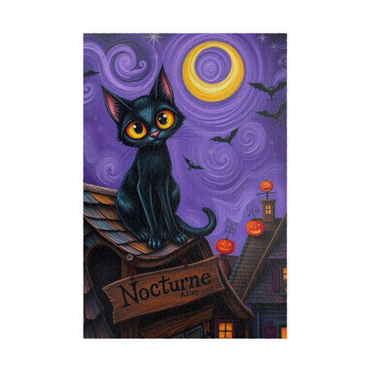 Crooked Rooftop Cat Jigsaw Puzzle, Halloween Black Cat 110, 252, 520, 1014-Piece, Spooky Moon Design, Game Night Activity, Family Fun
