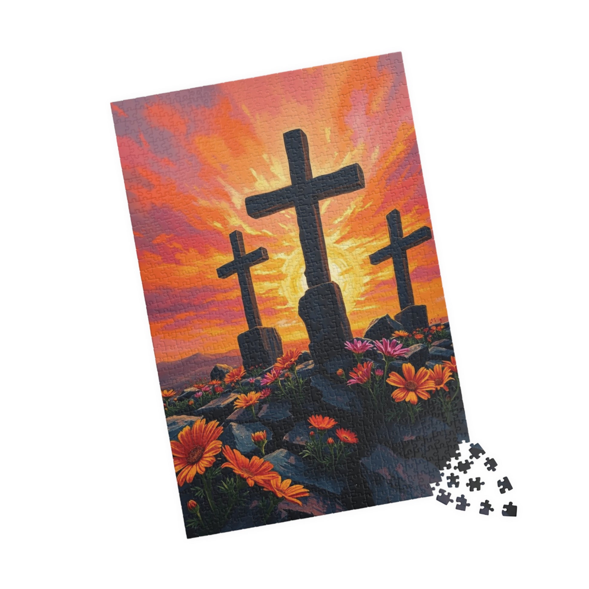 Three Crosses Sunrise Puzzle, Christian Wildflower Jigsaw Game, Spiritual Uplifting Scene with Wooden Crosses, Religious Puzzle Lover Gift Puzzle The Puzzle Chest