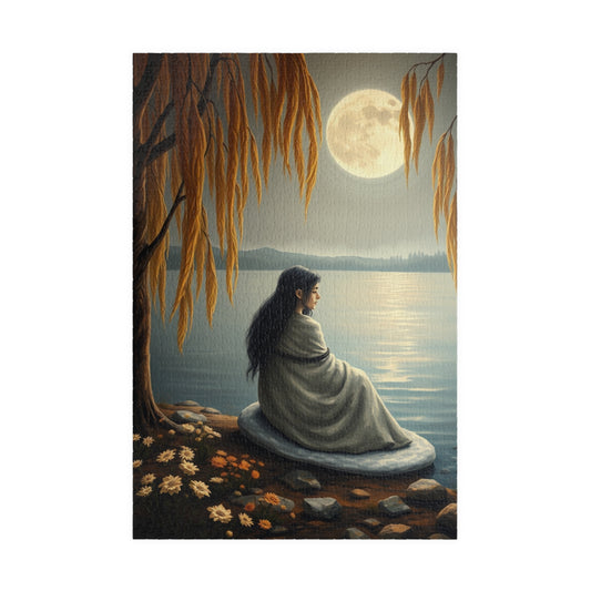 Mythical Jigsaw Puzzle, Moonlit Lake with Selkie, 110/252/520/1014-piece, Willow Trees, Flowers, Sealskin Cloak, Gift for Fantasy Lover