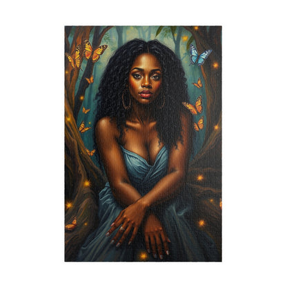 Afrocentric Jigsaw Puzzle - Black Woman in Mystical Forest, Fireflies and Butterflies Design, Relaxing Indoor Family or Solo Activity, Gift