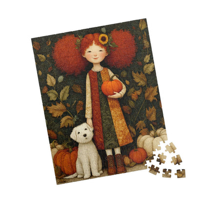Pumpkin Patch Storybook Fairy-Tale Puzzle – Red-Haired Girl and White Terrier in a Whimsical Autumn Scene 252 pcs (Vertical) Puzzle The Puzzle Chest
