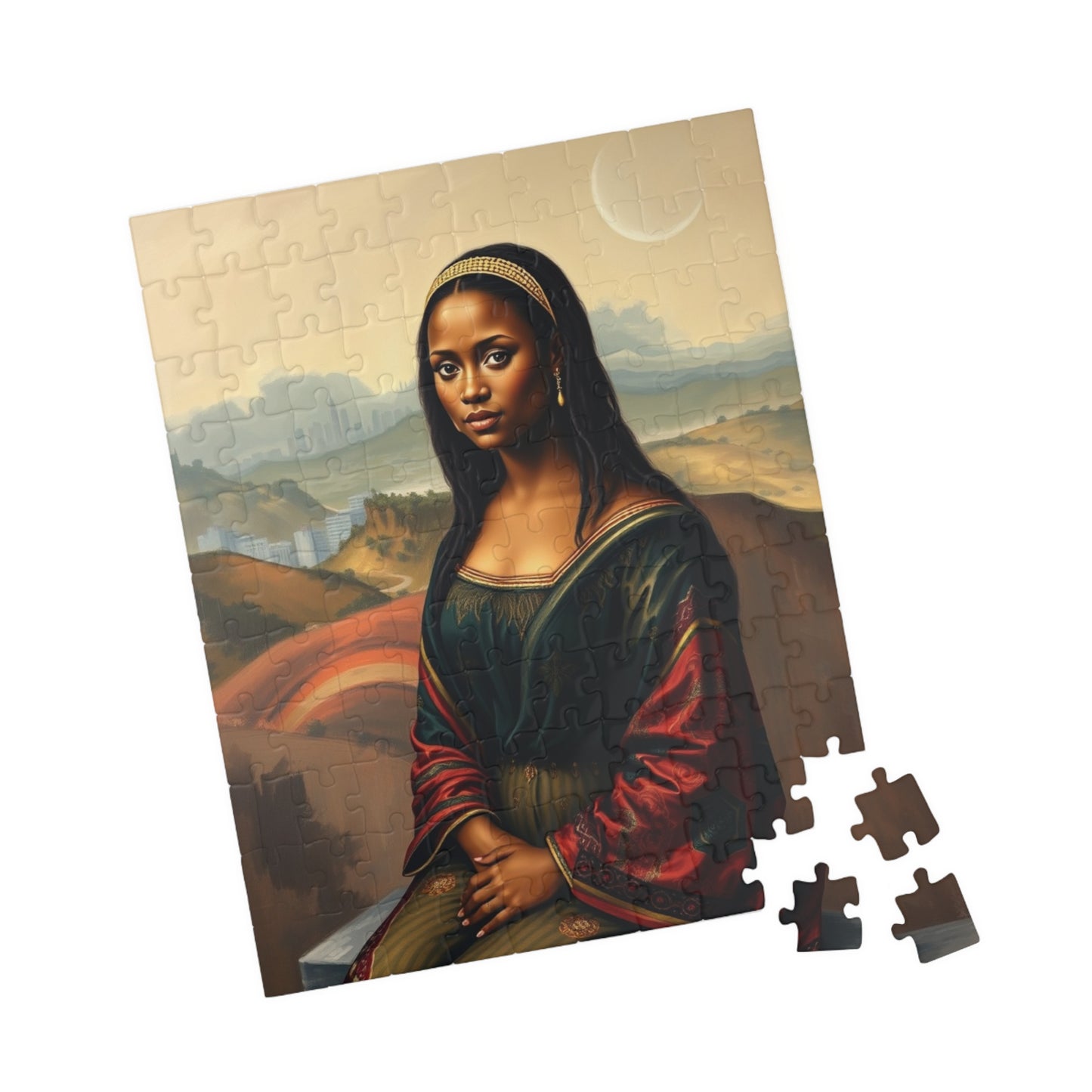 African American Woman Mona Lisa-Inspired Puzzle, Rolling Hills and Cityscape Background Jigsaw Game, Mindful Activity, Puzzle Lover Gift