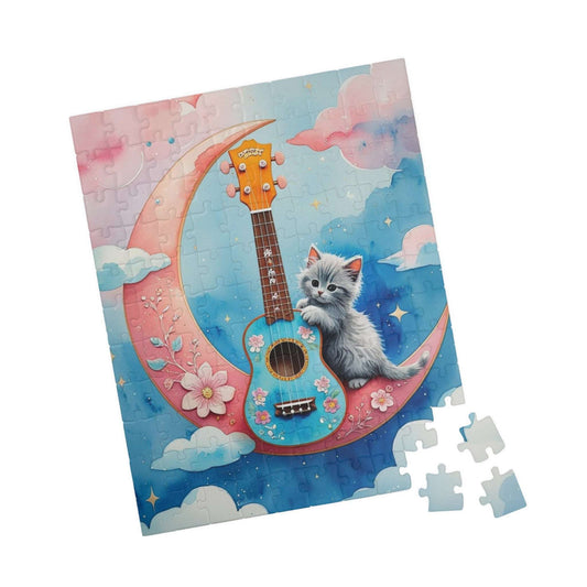 Whimsical Ukulele Cat on Crescent Moon Jigsaw Puzzle, Musical Theme Gift for Music Lover Musician Music Teacher and Cat Fan, Indoor Activity