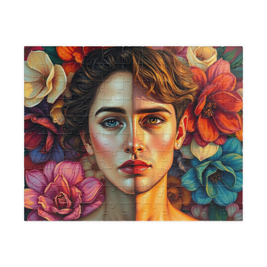 LGBTQ+ Surrealist Self-Portrait Jigsaw Puzzle, Androgynous Subject (Femme/Masc Halves), Gift for Art Lover, Game Night, Pride Month 110 pcs (Horizontal) Puzzle The Puzzle Chest