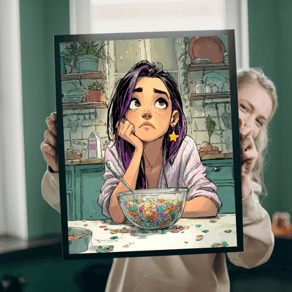 Funny Breakfast Cartoon Puzzle - Watercolor Jigsaw Game, Girl with Spill in Kitchen, Thoughtful Moments Puzzle The Puzzle Chest