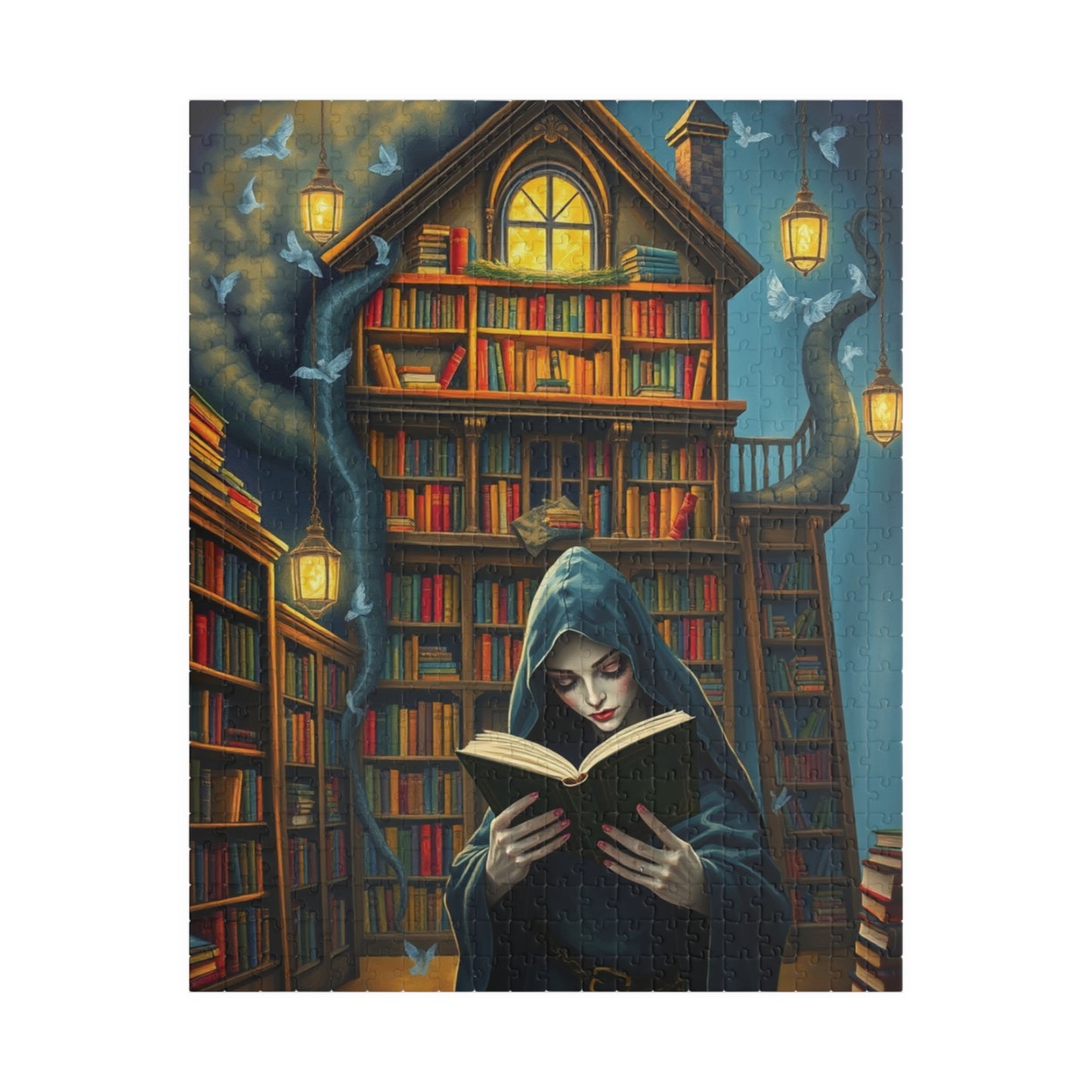 Gothic Bookstore Jigsaw Puzzle, Cloaked Figure Pale Skin Intense Eyes, Dark Fantasy Whimsical, Challenging Adult Tabletop Game, Giftable 520 pcs (Vertical) Puzzle The Puzzle Chest
