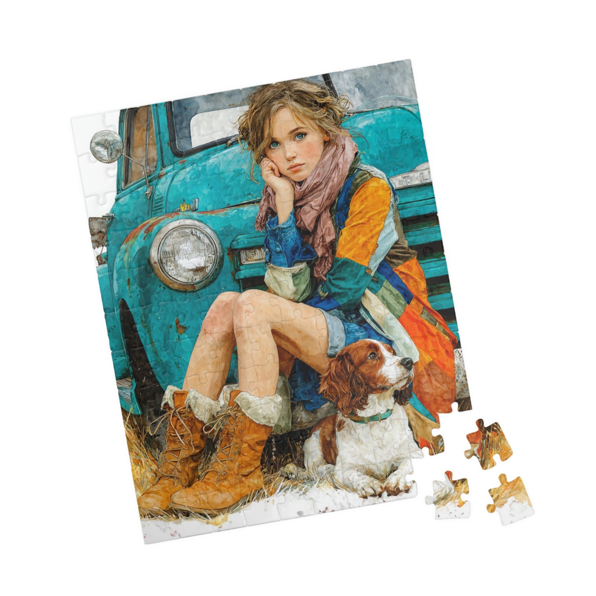 Rustic Country Girl and Dog Jigsaw Puzzle - Vintage Truck and Spaniel Companion 110 pcs (Vertical) Puzzle The Puzzle Chest