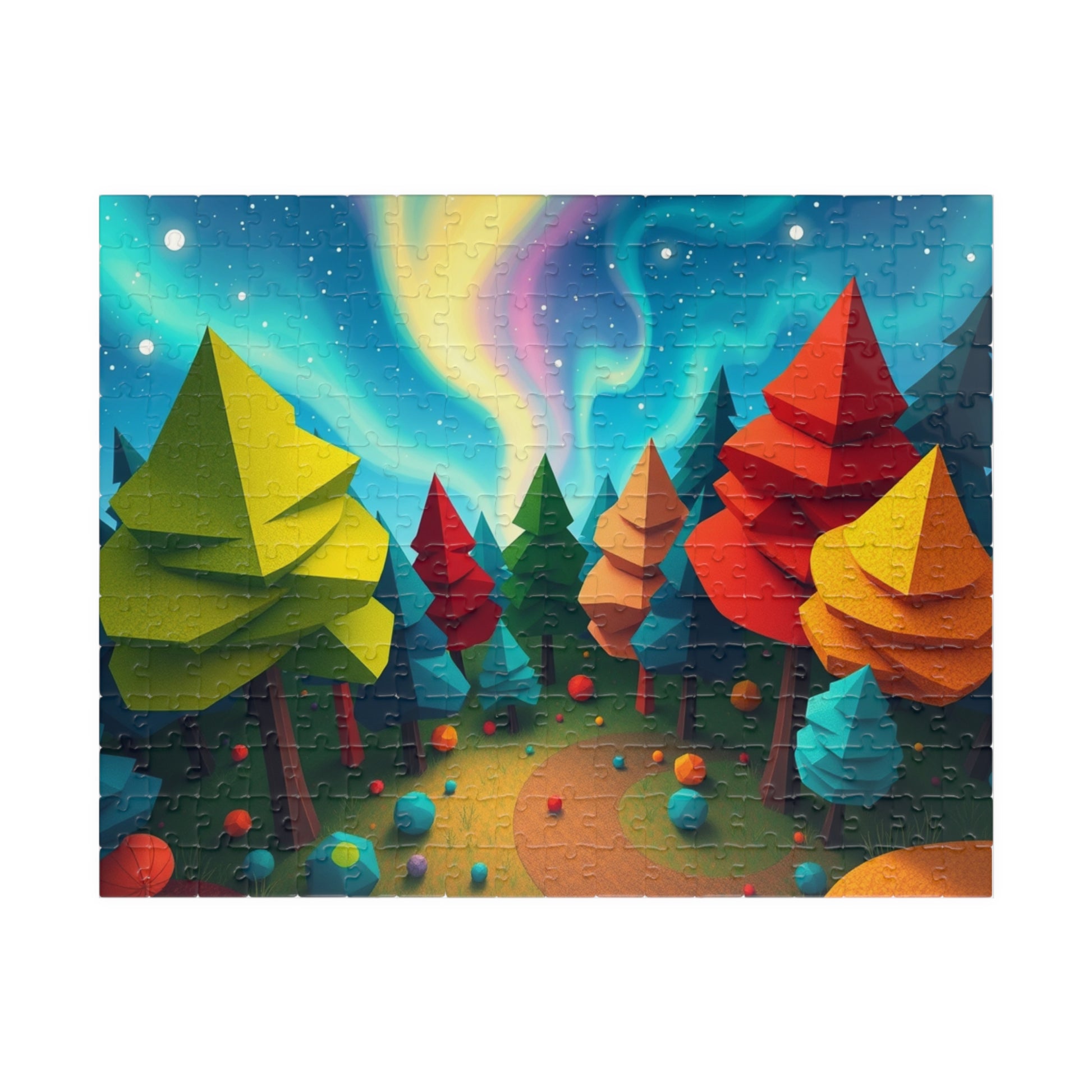 Abstract Landscape Jigsaw Puzzle, Magical Forest with Geometric Trees Aurora Sky, Challenging Game for Mental Exercise, Puzzle Lover Gift 252 pcs (Horizontal) Puzzle The Puzzle Chest