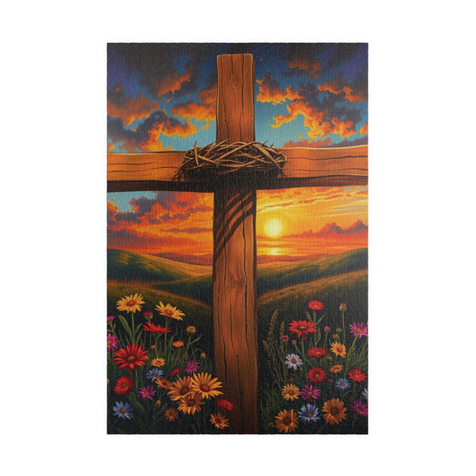 Crown of Thorns Cross Puzzle, Sunset Scene with Symbolic Christian Art, Religious Faith-Based Jigsaw Game, Inspirational Puzzle Lover Gift