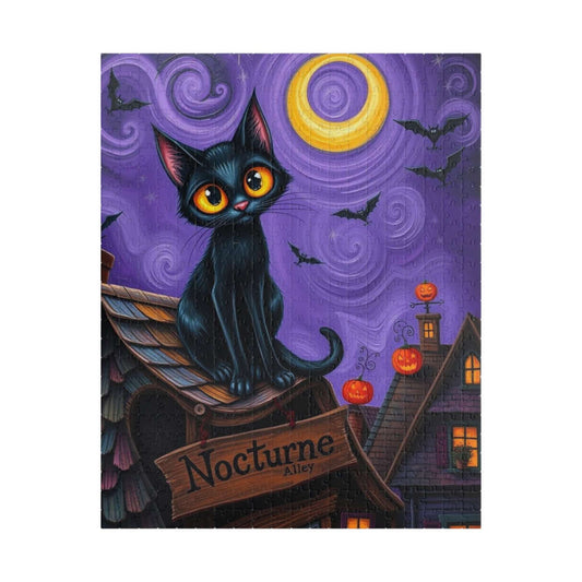 Crooked Rooftop Cat Jigsaw Puzzle, Halloween Black Cat 110, 252, 520, 1014-Piece, Spooky Moon Design, Game Night Activity, Family Fun