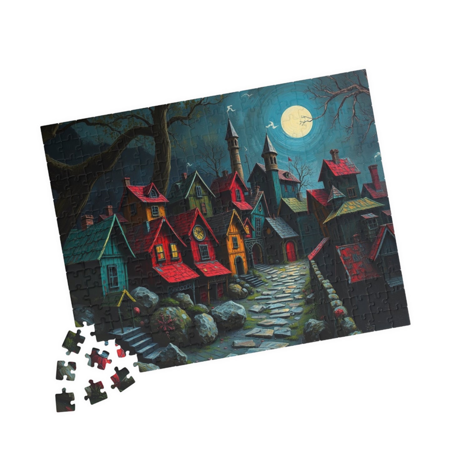 Nighttime Village 3D Puzzle (110, 252, 520, 1014-piece), Haunting Spooky Town at Night, Ideal Puzzle Gift for Gothic Dark Art Lover, Mindful The Puzzle Chest