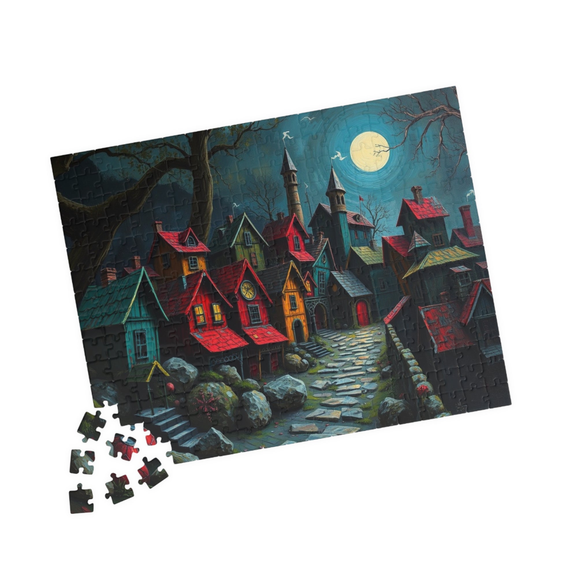 Nighttime Village 3D Puzzle (110, 252, 520, 1014-piece), Haunting Spooky Town at Night, Ideal Puzzle Gift for Gothic Dark Art Lover, Mindful The Puzzle Chest