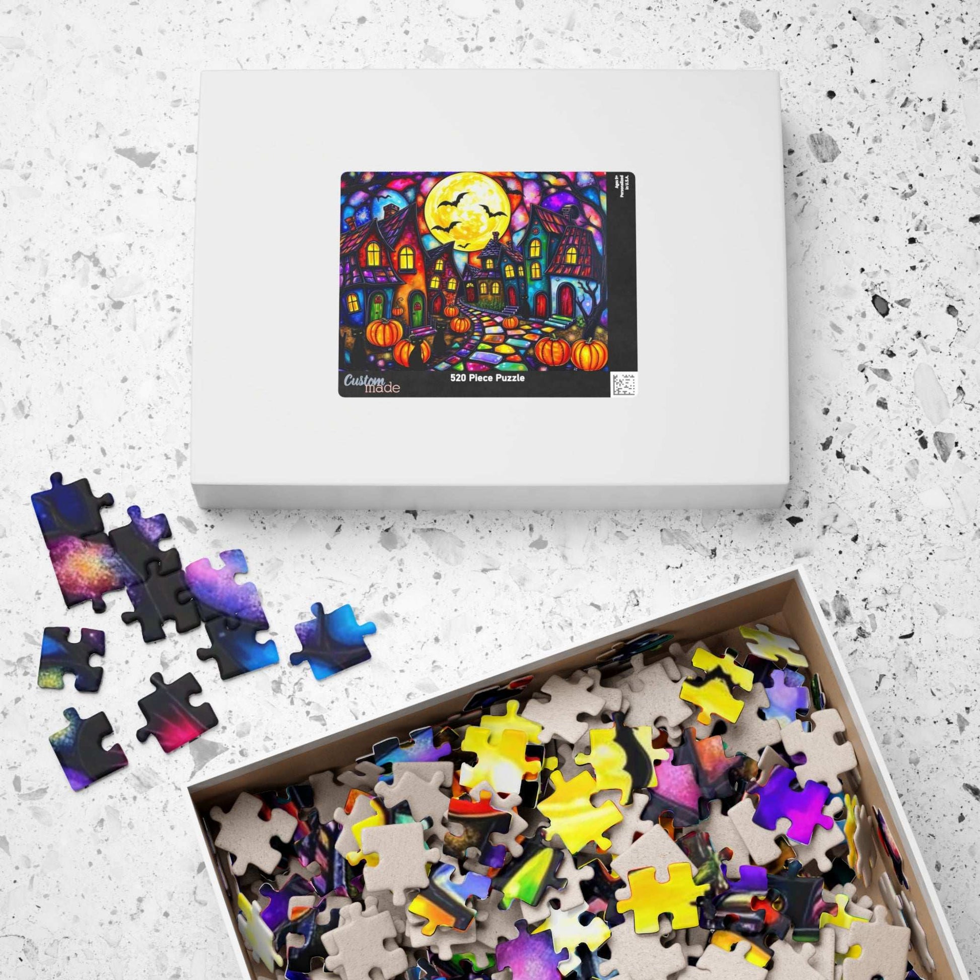 Spooky Night Village Jigsaw Puzzle, Halloween Themed Black Cat Puzzle Stained Glass Style