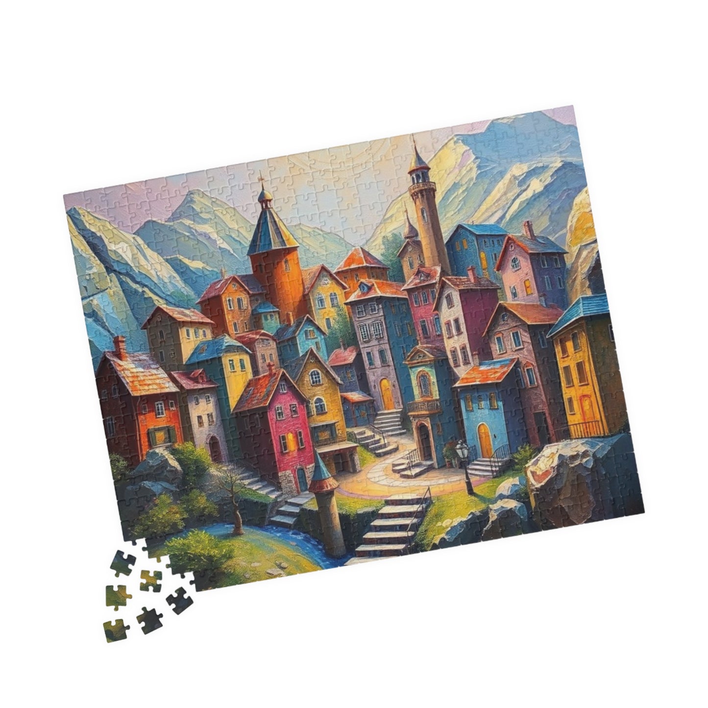 Unique 3D Village Jigsaw Puzzle 110, 252, 520, 1014-piece, Featuring a Colorful Ethereal Town Scene, Mindfulness Gift for Puzzle Enthusiast The Puzzle Chest