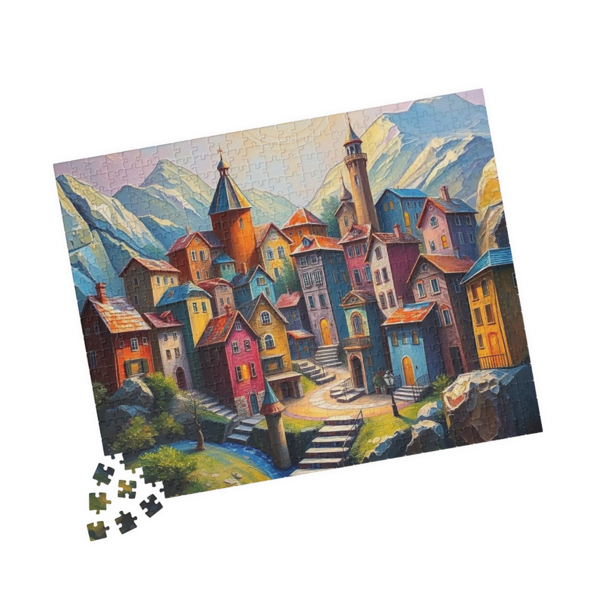 Unique 3D Village Jigsaw Puzzle 110, 252, 520, 1014-piece, Featuring a Colorful Ethereal Town Scene, Mindfulness Gift for Puzzle Enthusiast The Puzzle Chest
