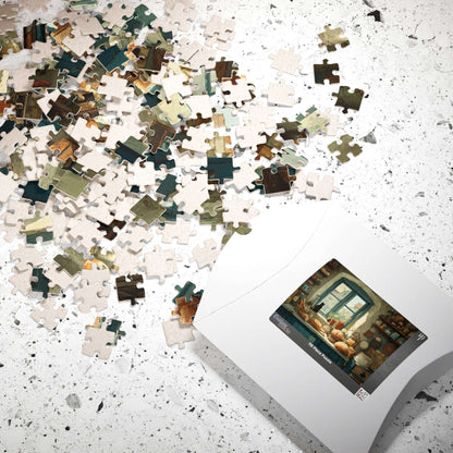 Cozy Kitchen Scene Cat on Windowsill Puzzle - Animal Themed Brain Teaser