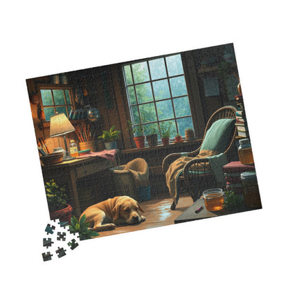 Jigsaw Puzzle, Cozy Garden Workshop Interior with Dog, Hobby Activity, Relaxing Pastime, Indoor Entertainment, Mindful Meditation, Stress