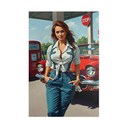 Puzzle, Vintage Mechanic Woman and Red Convertible, Jigsaw Game for Adults, Classic Car Puzzle, Retro Gas Station Image, Brain Teaser Gift 1014 pcs (Vertical) Puzzle The Puzzle Chest