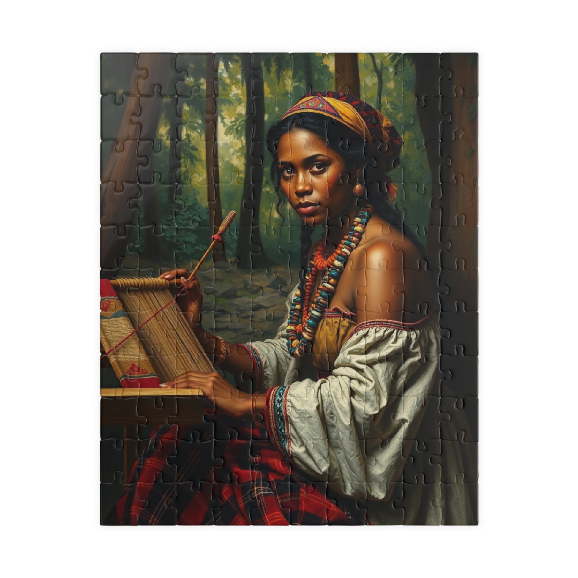 Puzzle of Indigenous Woman Weaving on a Loom in Nature, Cultural Ethnic Art Forest Scene, Family Friendly Jigsaw Game, Puzzle Lover Gift 110 pcs (Vertical) Puzzle The Puzzle Chest