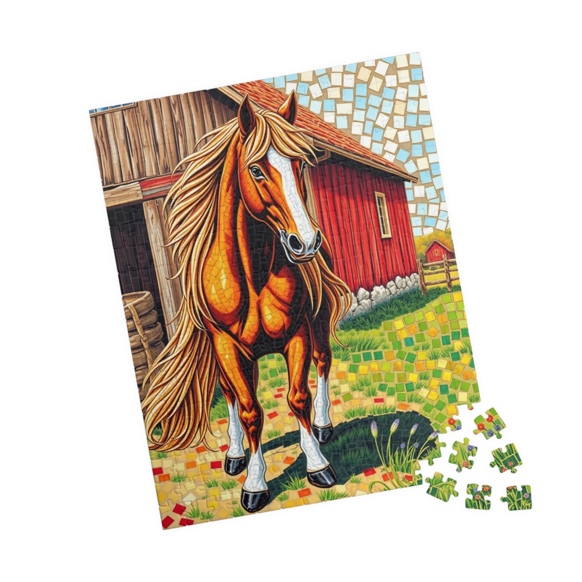 Flowing Mane Horse Puzzle, Cozy Barn Farmyard Scene, Mosaic Animal Art Jigsaw Game for Equestrian Fans, Best Unique Puzzle Fanatic Gift Puzzle The Puzzle Chest