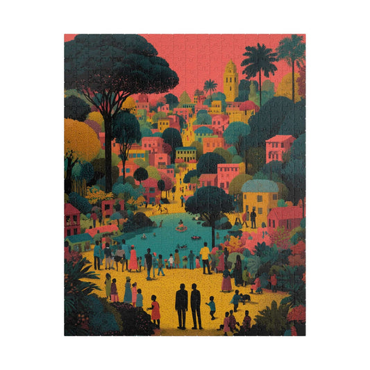 Afrocentric Black Art Jigsaw Puzzle - Vibrant Cityscape with African American Families and Children Playing Puzzle The Puzzle Chest