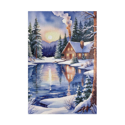 Winter Snowy Landscape Jigsaw Puzzle, Cozy Log Cabin, 110-1014 Piece Puzzle, Watercolor Style, Christmas Gift, Relaxing Activity, Giftable 1014 pcs (Vertical) Puzzle The Puzzle Chest