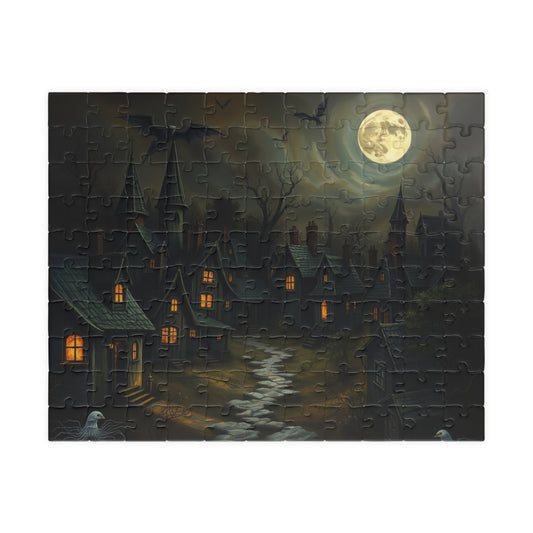 Eerie Village Puzzle (110, 252, 520, 1014-piece), Black Houses Glowing Windows and Full Moon, Spooky Nighttime Scene, Gothic Lover Gift 110 pcs (Horizontal) The Puzzle Chest