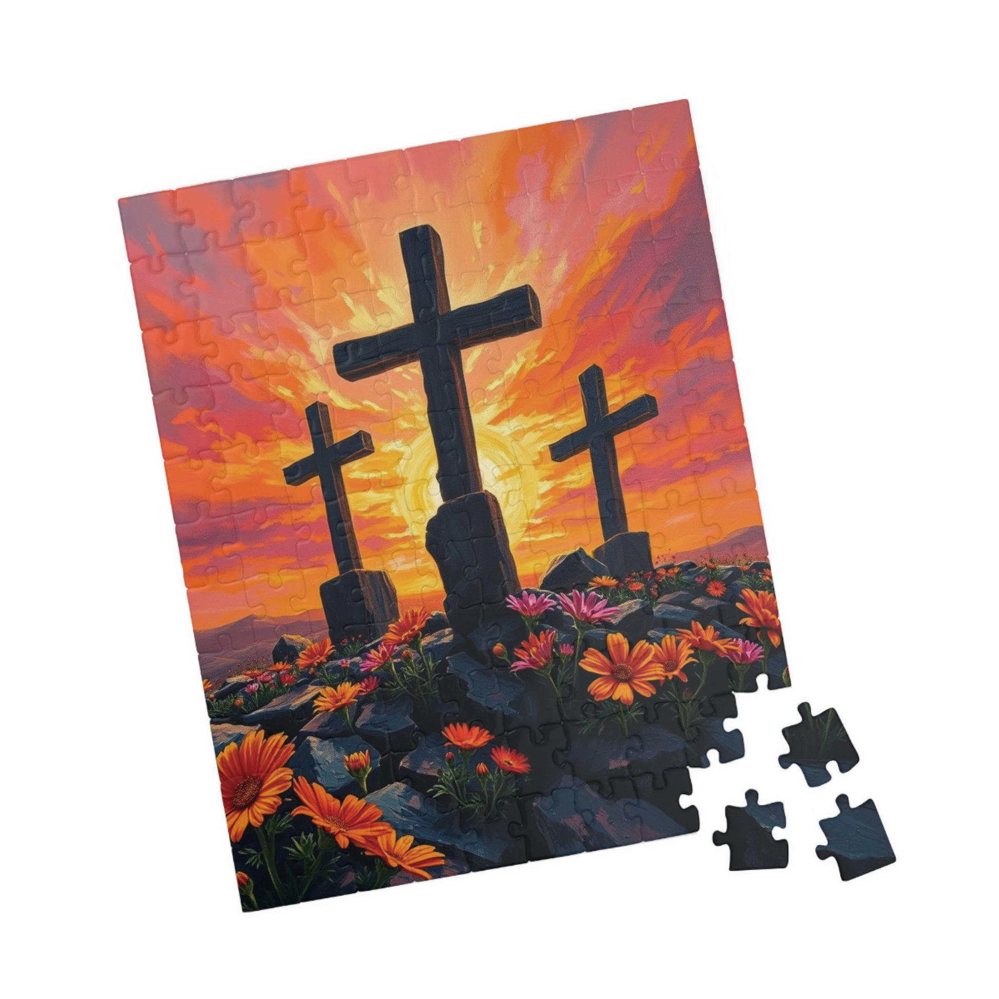 Three Crosses Sunrise Puzzle, Christian Wildflower Jigsaw Game, Spiritual Uplifting Scene with Wooden Crosses, Religious Puzzle Lover Gift Puzzle The Puzzle Chest