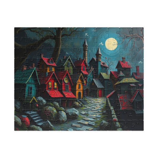 Nighttime Village 3D Puzzle (110, 252, 520, 1014-piece), Haunting Spooky Town at Night, Ideal Puzzle Gift for Gothic Dark Art Lover, Mindful 110 pcs (Horizontal) The Puzzle Chest