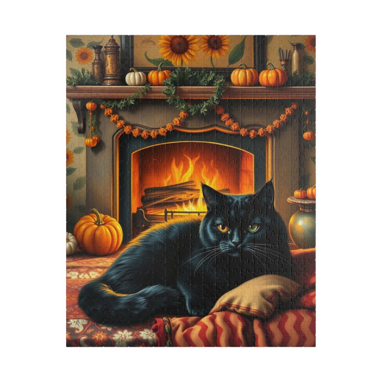Hearthside Patch Paw Jigsaw Puzzle, Cozy Autumn Adult Folk Art Game with Black Cat and Pumpkins, Gift for Cat Lover, Fall Decor, Family Fun