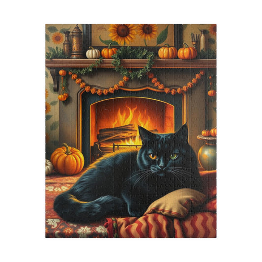 Hearthside Patch Paw Jigsaw Puzzle, Cozy Autumn Adult Folk Art Game with Black Cat and Pumpkins, Gift for Cat Lover, Fall Decor, Family Fun
