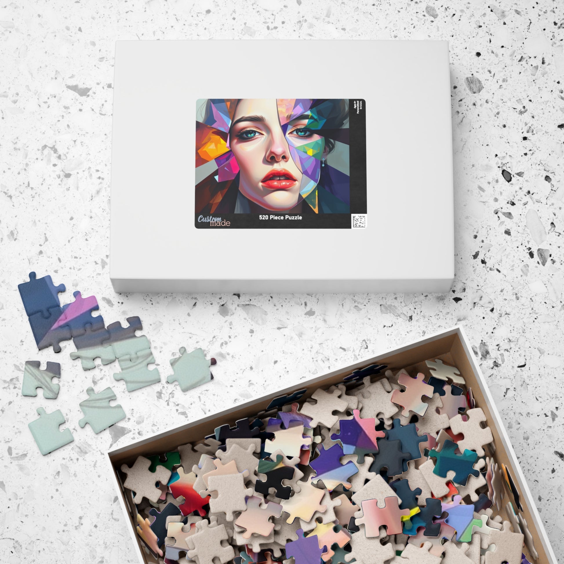 Fragmented Face Abstract Puzzle (110, 252, 520, 1014-Piece), Face Divided into Colorful Prisms, Unique Puzzle Gift for Art Lover, Collector Puzzle The Puzzle Chest