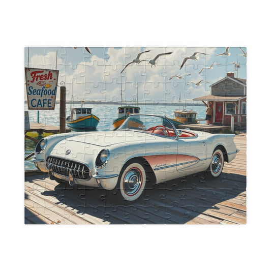 Vintage Muscle Car Jigsaw Puzzle, Classic White 1954 Chevrolet Corvette, Nostalgic Coastal Harbor Scene, Puzzle Lover Gift for Him, Mindful 110 pcs (Horizontal) Puzzle The Puzzle Chest