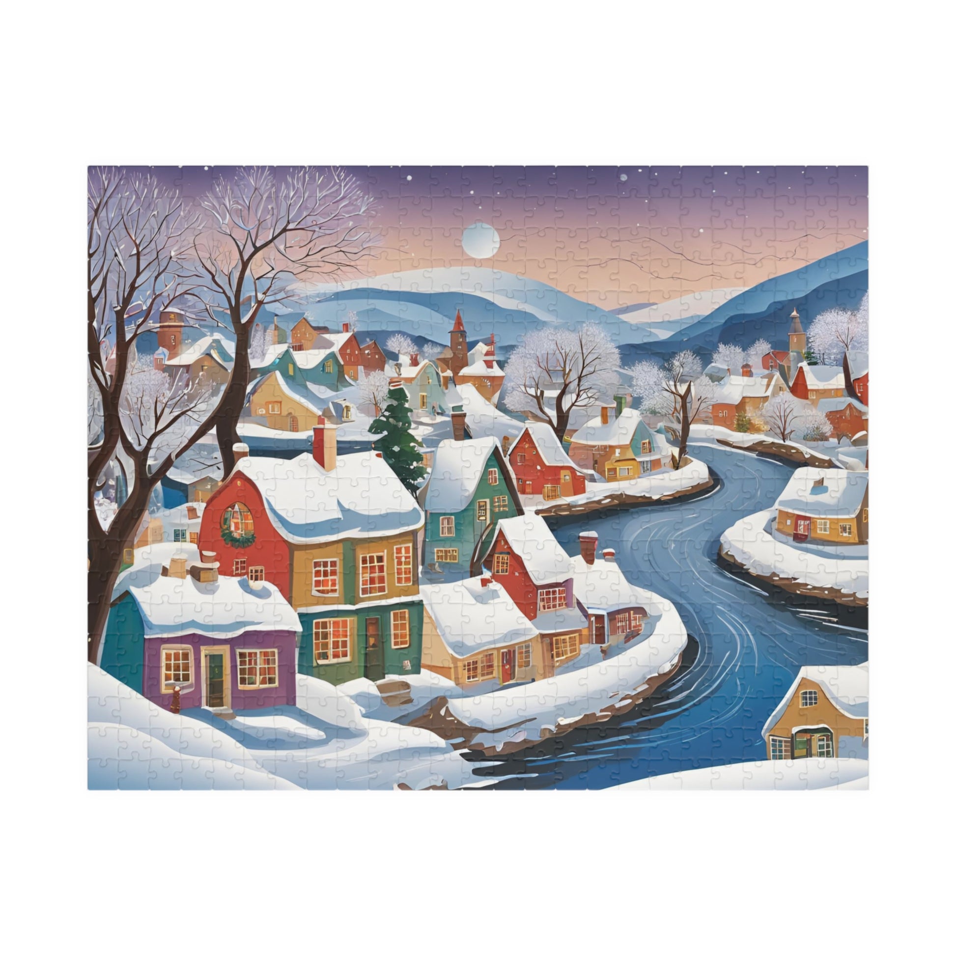 Charming Village Winter Scene Puzzle, Snowy River Landscape Jigsaw Game, 110 252 520 1014-Pieces, Adult Family Fun Activity 520 pcs (Horizontal) The Puzzle Chest